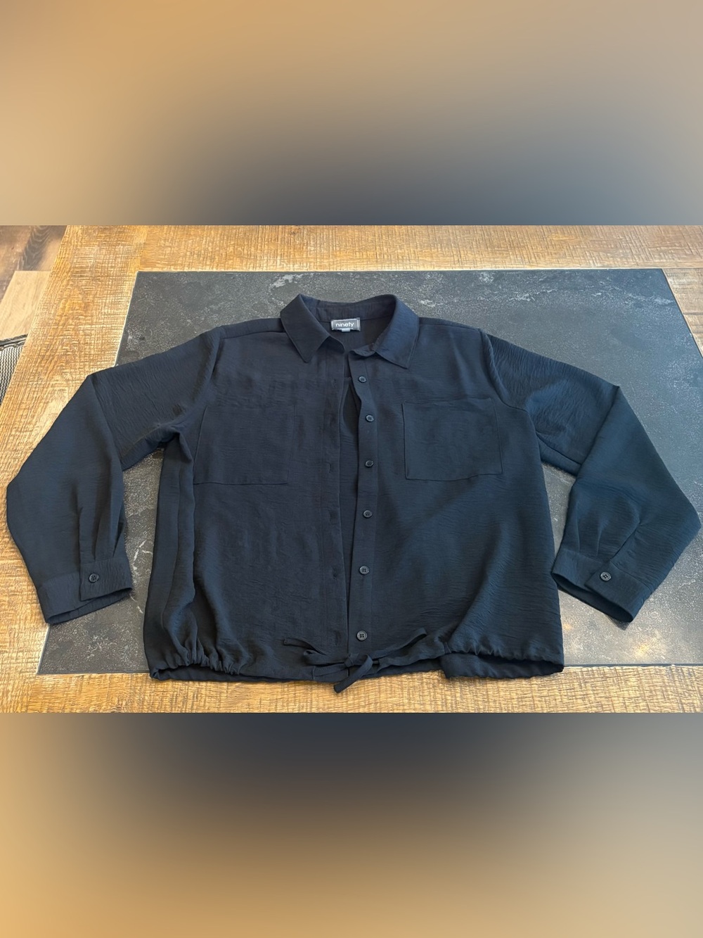 Ninety Black Button-Front Blouse with Tie Hem